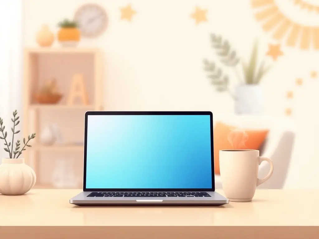 Friendly image of a digital workspace with a laptop and coffee cup, symbolizing productivity.