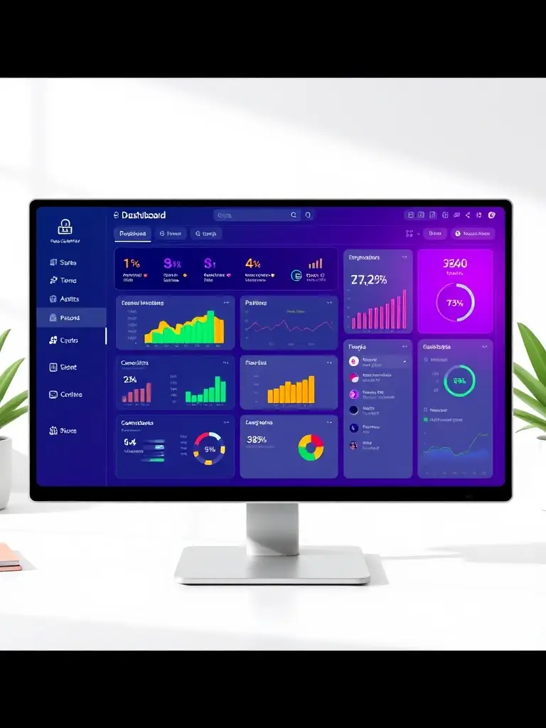A customizable website dashboard displayed on a computer monitor, showcasing various metrics and integration options.