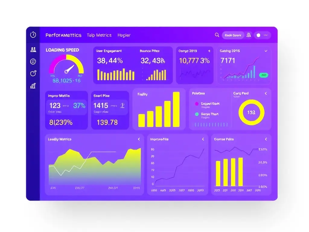 A website performance dashboard showcasing improved metrics with colorful graphs and indicators.