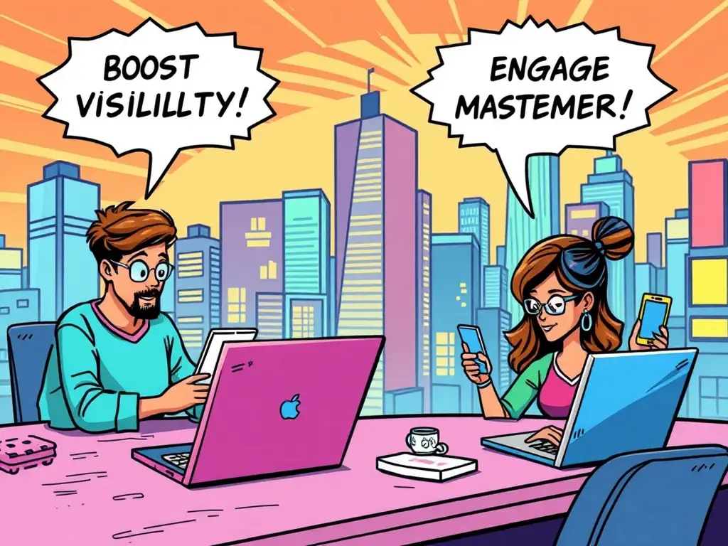 An illustration of a digital marketing campaign, showing characters implementing SEO and social media strategies.