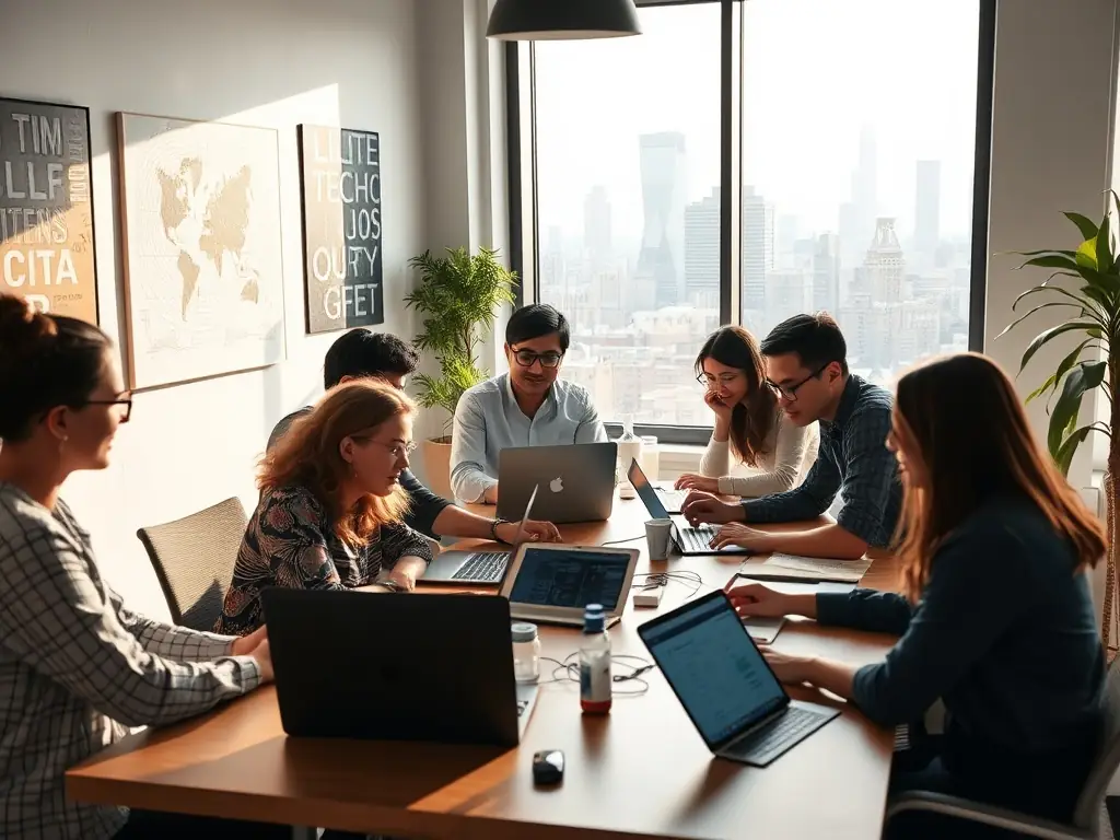 A team of developers collaborating in a modern office workspace, surrounded by technology and a city skyline.