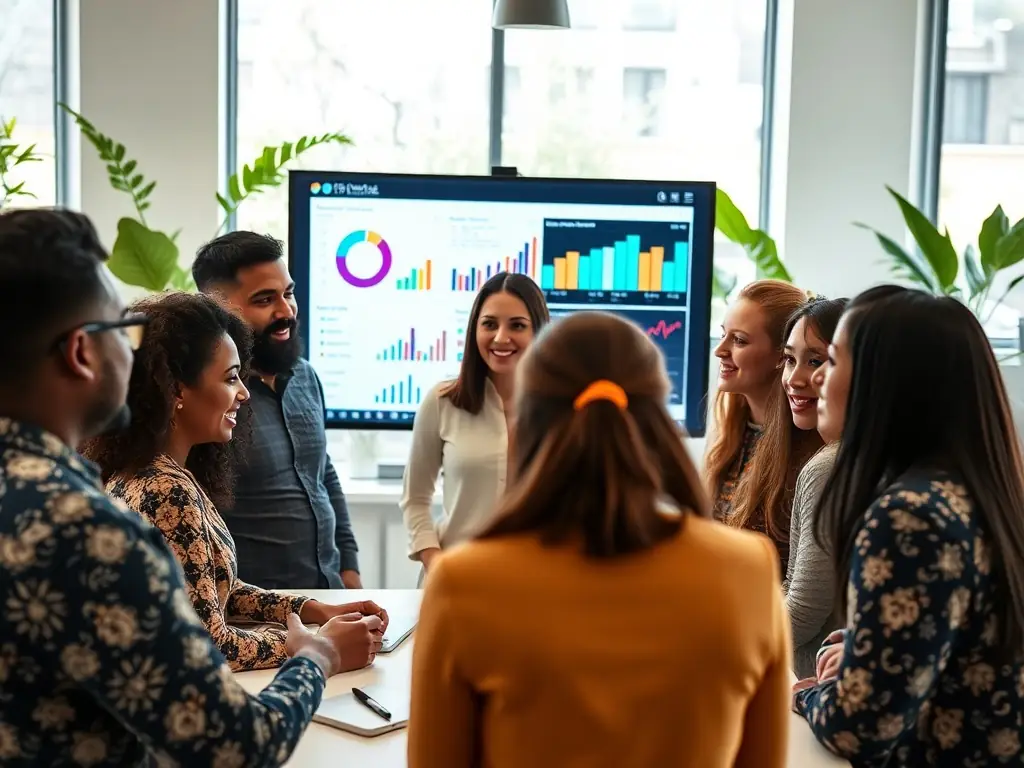 A digital marketing team analyzing data on a screen in a modern office.
