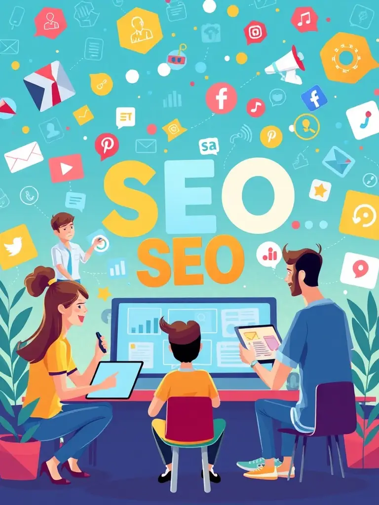 A visual representation of digital marketing strategies including SEO and social media.