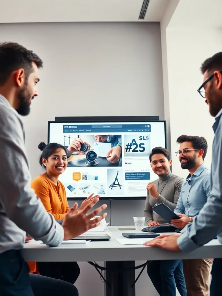 A diverse team collaborating over a digital project in a modern office setting.