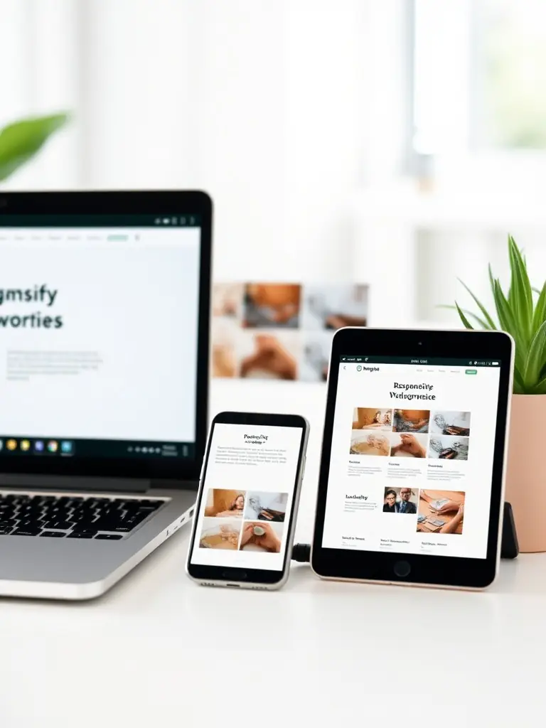Responsive website layout displayed on a laptop, tablet, and smartphone in a bright workspace.