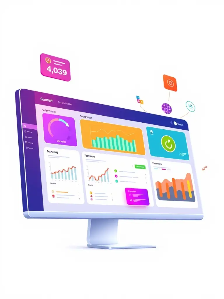 Sleek dashboard interface with website management tools illustrated in vibrant colors.